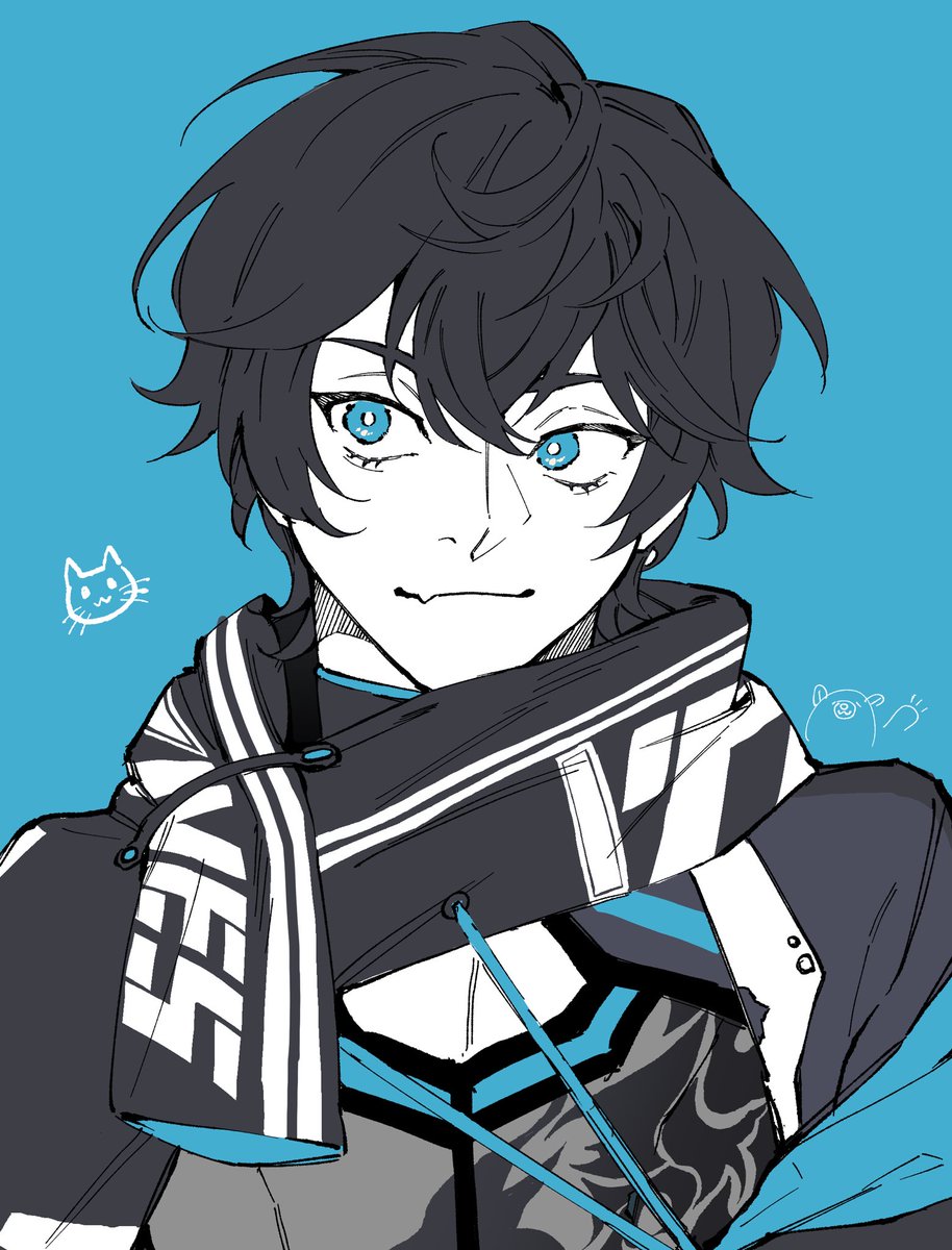 1boy male focus blue eyes solo scarf blue background smile  illustration images