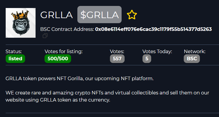 grllatoken's tweet photo. $GRLLA listed on #coinsniper #altcoin voting toplist, one of the biggest and most popular sites for finding new #cryptogems and #lowcapcoins - Vote for #GRLLA here - https://t.co/CT7RJMDd00 https://t.co/qnW9toyyBI