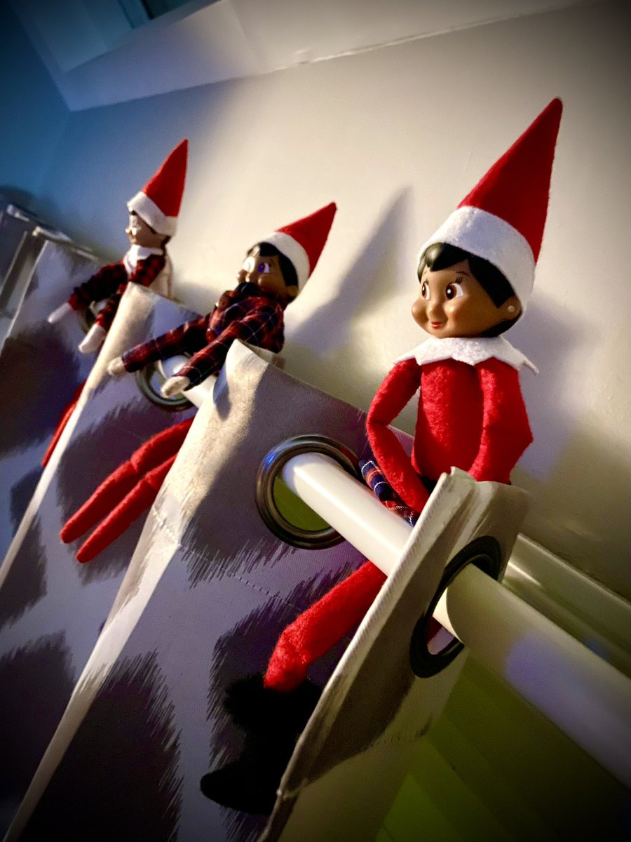 SymaChowdhry's tweet photo. Elf on the Shelf? More like Squad on the Rod! 

The #elves will be watching my oldest in his virtual class today, as they sit on a curtain rod! #marcoelf #bellaelf #aidenelf #bamelves #elfontheshelf https://t.co/U9z6IQmvN9
