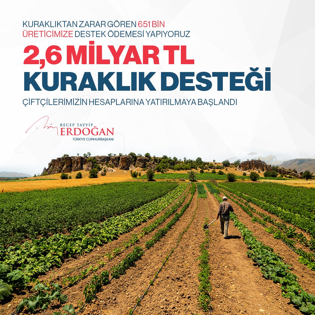 Kuraklıktan zarar gören toplam 651 bin üreticimize verim kaybı oranlarına göre değişen miktarlarda kuraklık desteği ödemesi yapıyoruz.

Toplam 2,6 milyar TL kuraklık desteğini çiftçilerimizin hesaplarına yatırmaya başladık.