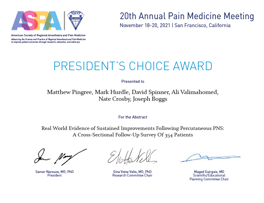 DrDavidSpinner's tweet photo. Delighted to have been awarded the President's Choice Award by the ASRA with colleagues Matthew Pingree, Mark Hurdle, Ali Valimahomed, Nate Crosby and Joseph Boggs for our work on 'Real World Evidence of Sustained Improvements Following Percutaneous PNS. https://t.co/w2niyLLPCx