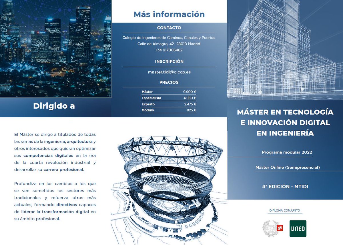 Ingenieria_Esp's tweet photo. 4ª Edición del #Máster en Tecnología e Innovación Digital en Ingeniería #TIDI que organizan conjuntamente el @Colegiocaminos y la @UNED dirigido por @mmmcastrog y @vmizquierdo
🗓️ febrero 2022
✍️ más información 👇
https://t.co/IY7buq30R4 https://t.co/q26Pf2sOKz