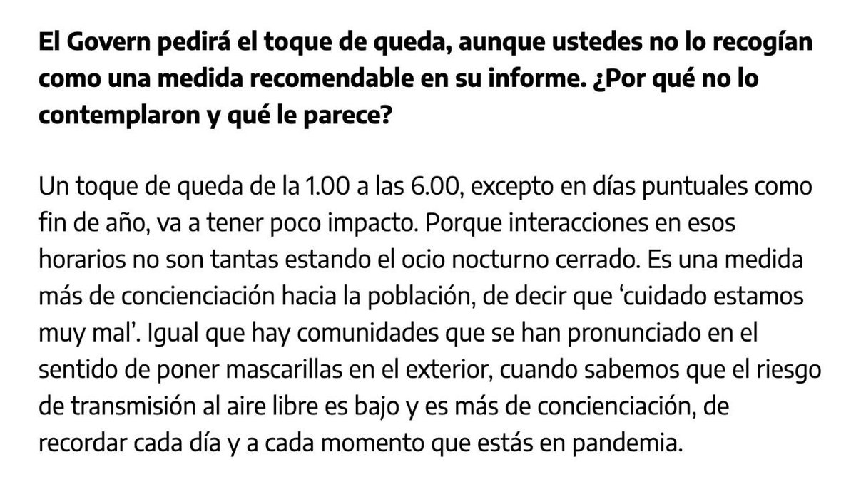 massanagranaire's tweet photo. Aquí Magda Campins admet que el toc de queda no té sentit més enllà de la “conscienciació”. Us juro que no puc entendre que acceptem que s’apliquin restriccions tan bèsties amb aquest argumentari. És directament humiliant.

L’entrevista sencera: https://t.co/8zdvBbT6Kj https://t.co/0mQywexoN0