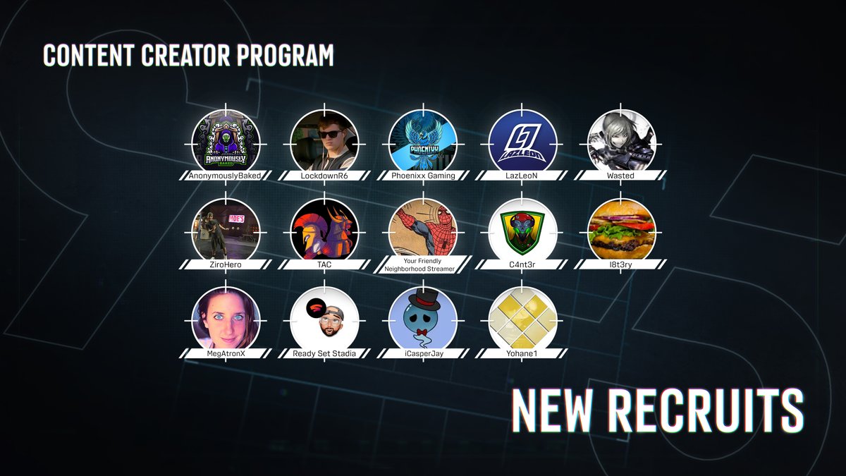 A warm welcome to the new recruits for our Content Creator Program!

<a href="/AnonymouslyBak1/">AnonymouslyBaked</a>
@Nickystandy
<a href="/Phoenixx_Games/">SimplyPhoenixx</a>
@LazLeoNOfficial
<a href="/_ZiroHero/">ZiroHero 🟡</a>
@TacStreamDE
<a href="/friendly_stream/">Your Friendly Neighborhood Streamer</a>
@c4nt3r
<a href="/Meg_Atron_X/">Meg Atron X 🎮☁</a>
@SoapGodX
<a href="/iCasperJay1/">iCasperJay</a>
Yohane1
Wasted
<a href="/evan_louro/">L8T3RY</a>

Very happy to have you all with us!