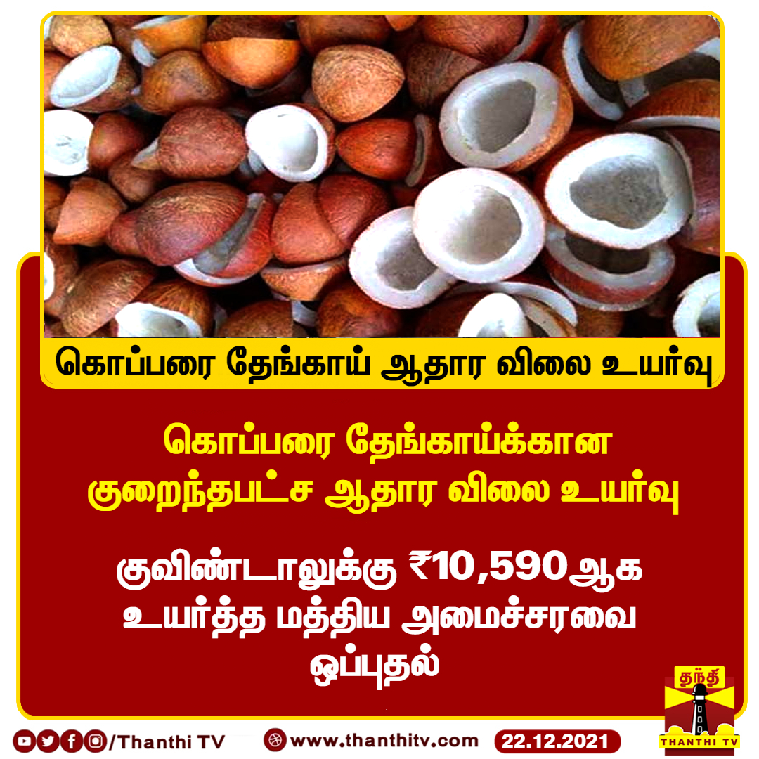 ThanthiTV's tweet photo. #JUSTIN : கொப்பரை தேங்காய் ஆதார விலை உயர்வு 

கொப்பரை தேங்காய்க்கான குறைந்தபட்ச ஆதார விலை உயர்வு 

குவிண்டாலுக்கு ₨10,590ஆக உயர்த்த மத்திய அமைச்சரவை ஒப்புதல் 

#Copra | #Coconut https://t.co/83xQIqMCl1