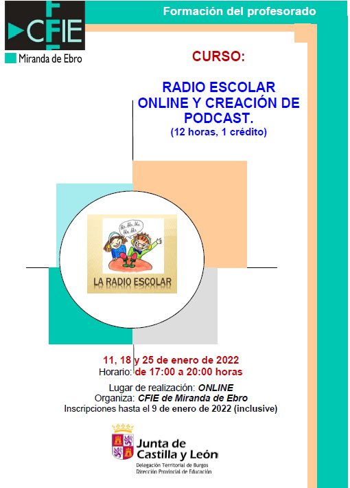 CFiE de Miranda de Ebro (@cfiemiranda) on Twitter photo Curso “Radio escolar online y creación de podcast": la radio como herramienta educativa para favorecer múltiples competencias con <a href="/GloriaGilT/">Gloria Gil Talavero</a>
ℹ️ Más info reforacen.educa.jcyl.es/convocatoria/f…
✍️ Hasta el 9 de enero en …iemirandadeebro.centros.educa.jcyl.es/sitio/index.cgi
#tiCyL #innovaCyL #formaciónCyL Curso “Radio escolar online y creación de podcast": la radio como herramienta educativa para favorecer múltiples competencias con <a href="/GloriaGilT/">Gloria Gil Talavero</a>
ℹ️ Más info reforacen.educa.jcyl.es/convocatoria/f…
✍️ Hasta el 9 de enero en …iemirandadeebro.centros.educa.jcyl.es/sitio/index.cgi
#tiCyL #innovaCyL #formaciónCyL