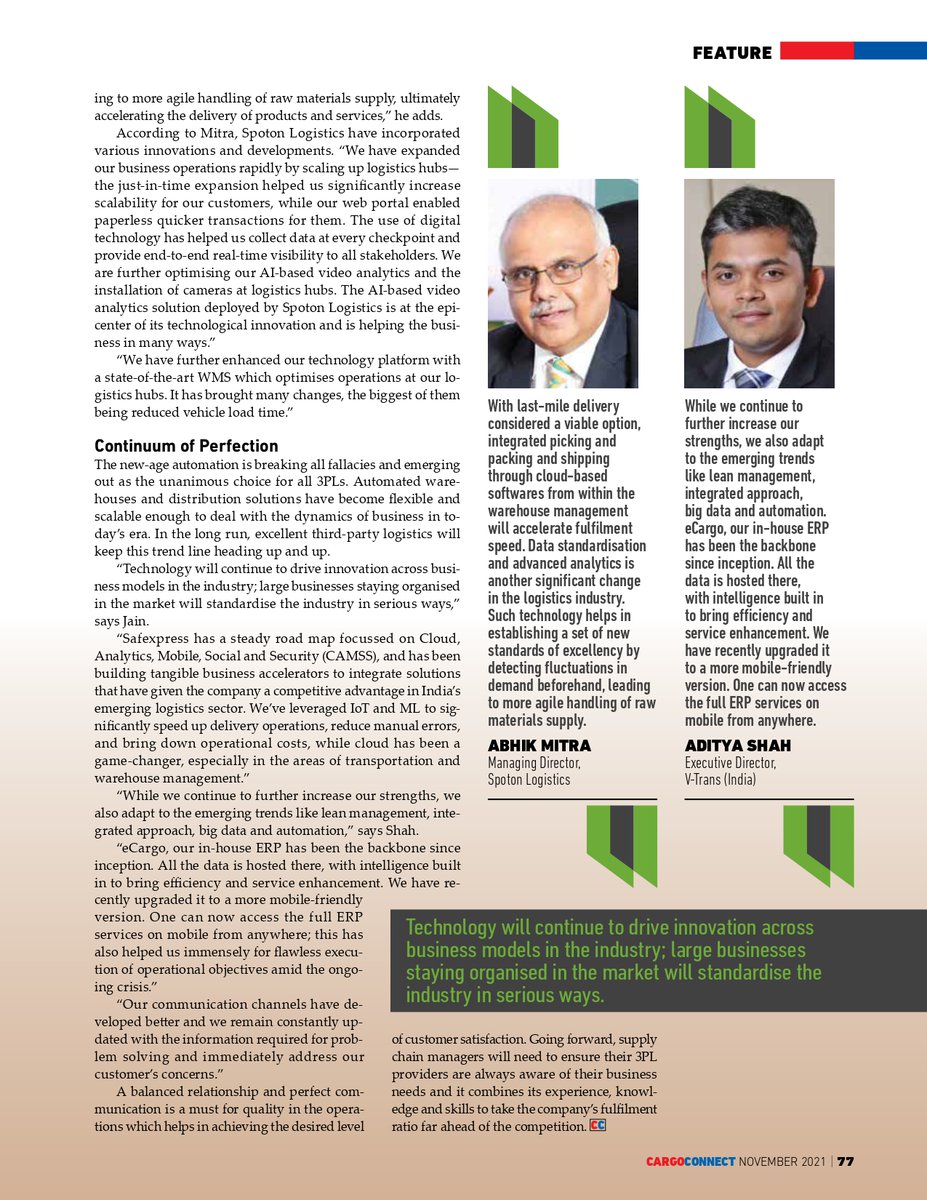vtransindia's tweet photo. In a recent issue of CARGOCONNECT, our Executive Director, Mr. Aditya Shah, shared his insights on how at V-Trans, we are going to adapt emerging logistics trends like lean management, integrated approach, big data, and automation.  #Logisticstrend https://t.co/YKgsoeBjH8