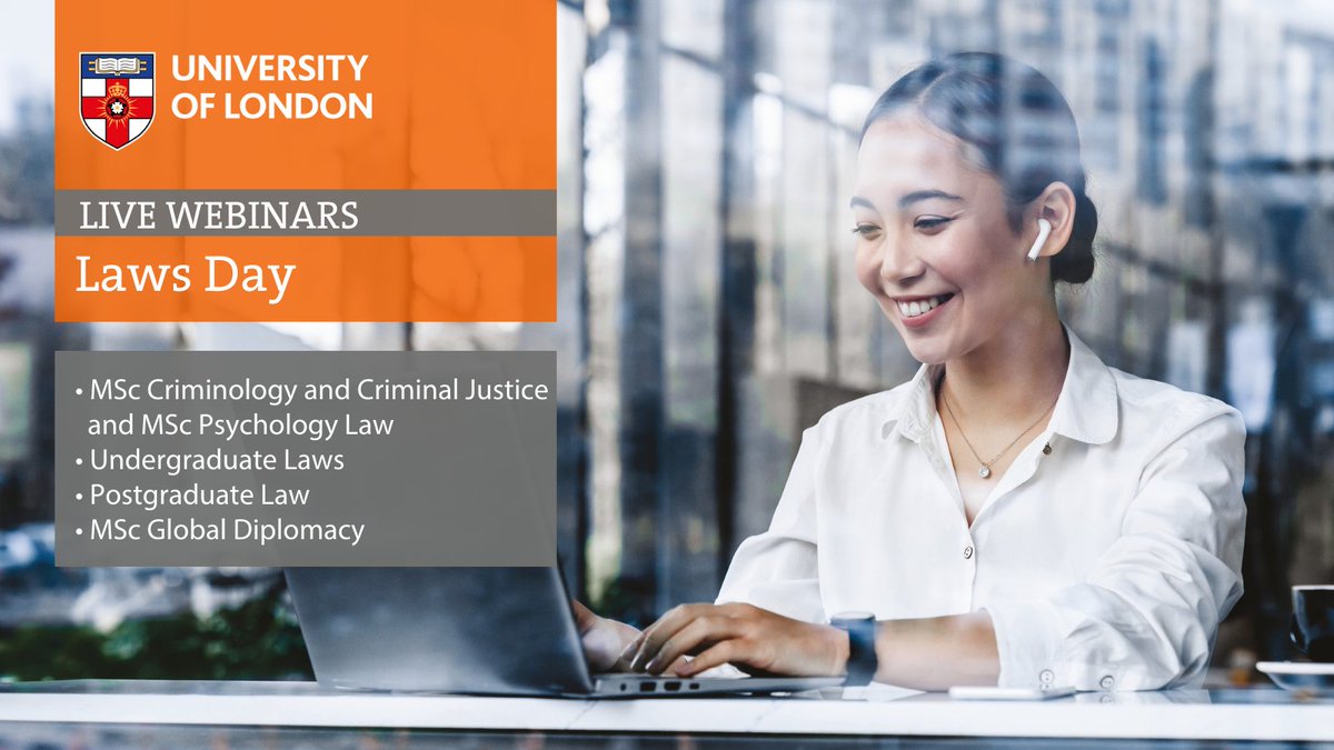 This Laws Day, you're invited to join Programme Directors for our Law programmes, MA Global Diplomacy, MSc Criminology and Criminal Justice and MSc Psychology Law. Hear more about studying with us closer to home. Register: https://t.co/E8FVtfB5LK #UoLWebinars https://t.co/7coykoKFK5