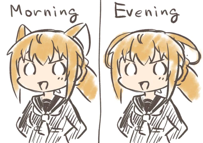 朝セットした髪が夕方にはへにょってなる水羽 #朧月のレゴリス 