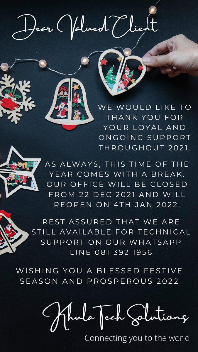 khula_tech's tweet photo. Seasons Greetings - We wish you, your employees and your loved ones a happy holiday season and a prosperous New Year. https://t.co/vCl0qQmmUZ