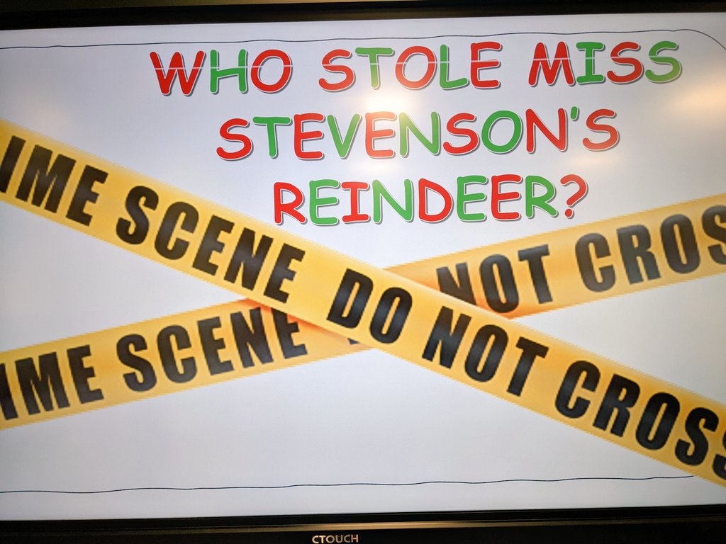WoodheadPrimary's tweet photo. Oh no! Someone has stolen Miss Stevenson's reindeer! It's ok though, as MIP4 are on the case. #fingerprints #crimescene #christmas #reindeer #questioning #footprints #detectives #weworkweplaywesucceed #futureagents https://t.co/eyIp9O3tn5