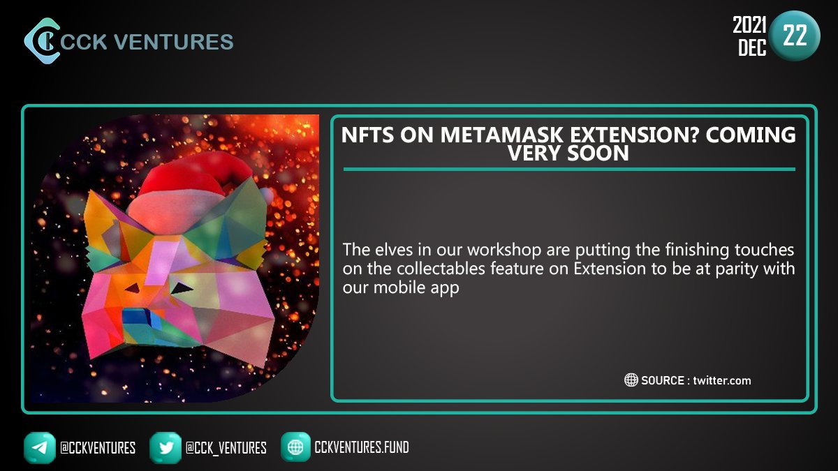 CCK Ventures (@cck_ventures) on Twitter photo NFTs on MetaMask Extension? Coming very soon.
<a href="/MetaMask/">MetaMask.eth 🦊</a> #Metamask #NFT #Blockchain #Cryptocurrency #Crypto #Trading #investment #cryptonews #cryptotrading #altcoins #NFTs #Ethereum #nonfungibletokens
Join CCK
✅Group: t.me/CCKventures
✅Channel: t.me/CCKventures_ANN NFTs on MetaMask Extension? Coming very soon.
<a href="/MetaMask/">MetaMask.eth 🦊</a> #Metamask #NFT #Blockchain #Cryptocurrency #Crypto #Trading #investment #cryptonews #cryptotrading #altcoins #NFTs #Ethereum #nonfungibletokens
Join CCK
✅Group: t.me/CCKventures
✅Channel: t.me/CCKventures_ANN