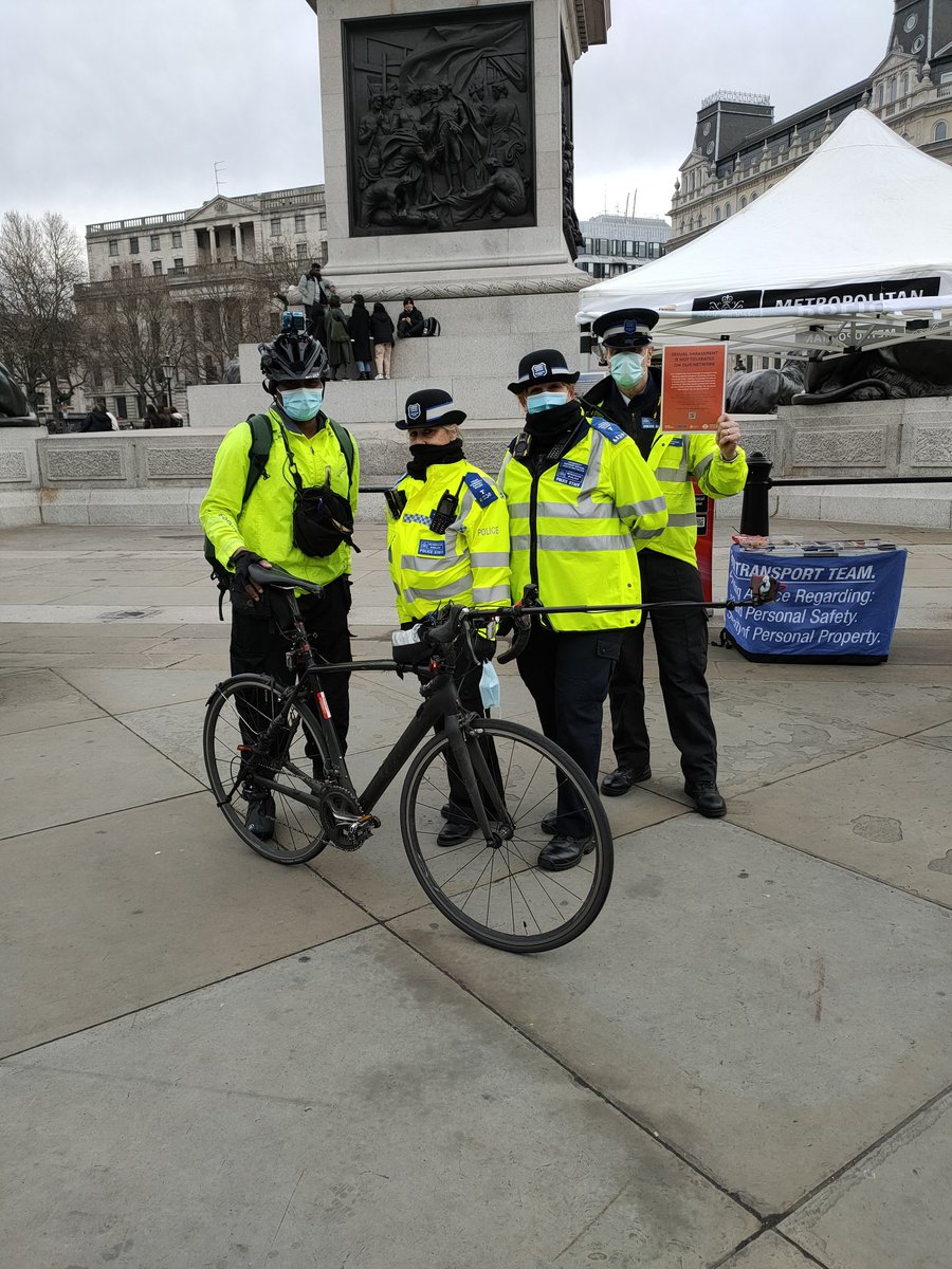MPSRTPC's tweet photo. #EASaferTransport was joined by @TrafficDroid at Trafalgar Square to promote Safer Travel at Night #VWaG #OpSTaN @TfL @MPSBarkDag @MPSHavering @MPSHavering https://t.co/y6PBEwSSHa