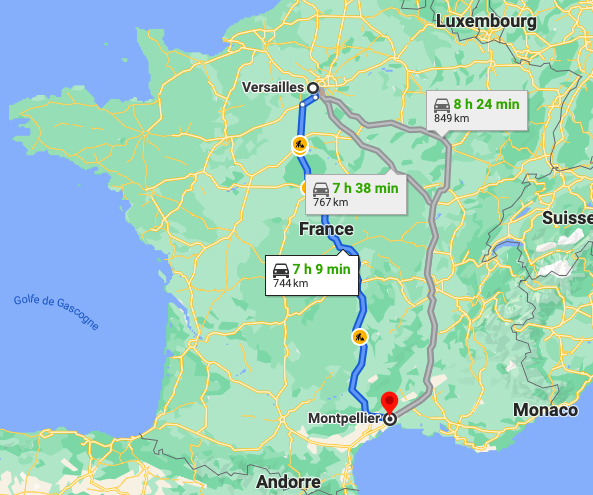 Frenchypedia's tweet photo. #frenchblog 🗺️🚘
Ce soir, je vais aller de Versailles à Montpellier en voiture.
Je n'ai pas de voiture, alors je vais en louer une.
Il faut plus de 7 heures, c'est long !
Voici mon itinéraire :
#french #learnfrench #fle https://t.co/X9Z5E4Slzf