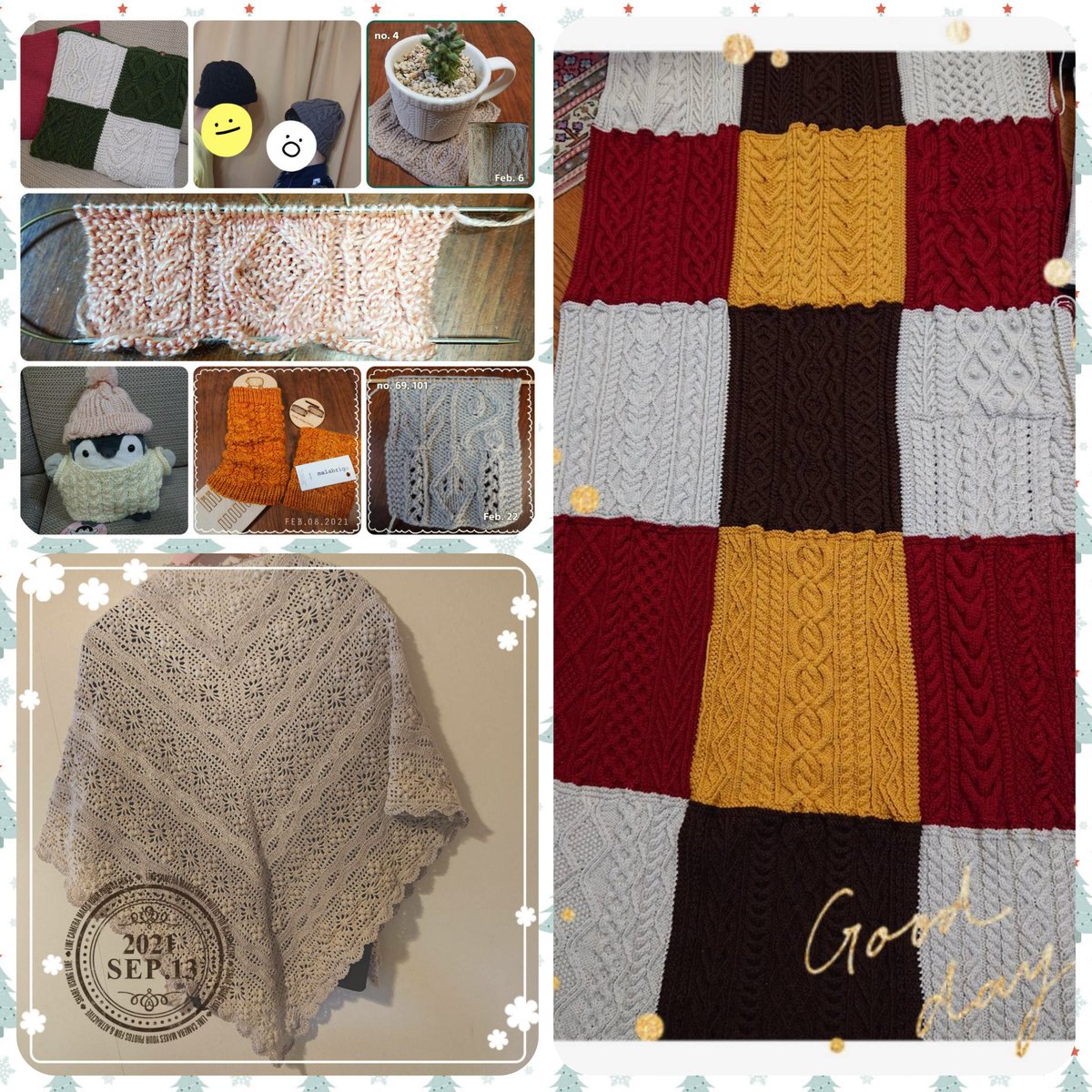 cafe101_satoko's tweet photo. 今年は私的につらいこと悲しいことけっこうあったけど、こうして振り返るとたくさん編んだし楽しかったな、編み物してなかったらもっと悲しがってただろうな、と思います。来年も楽しく編むぞー。
#編み物褒めさせて2021 https://t.co/BrIzmjowFs