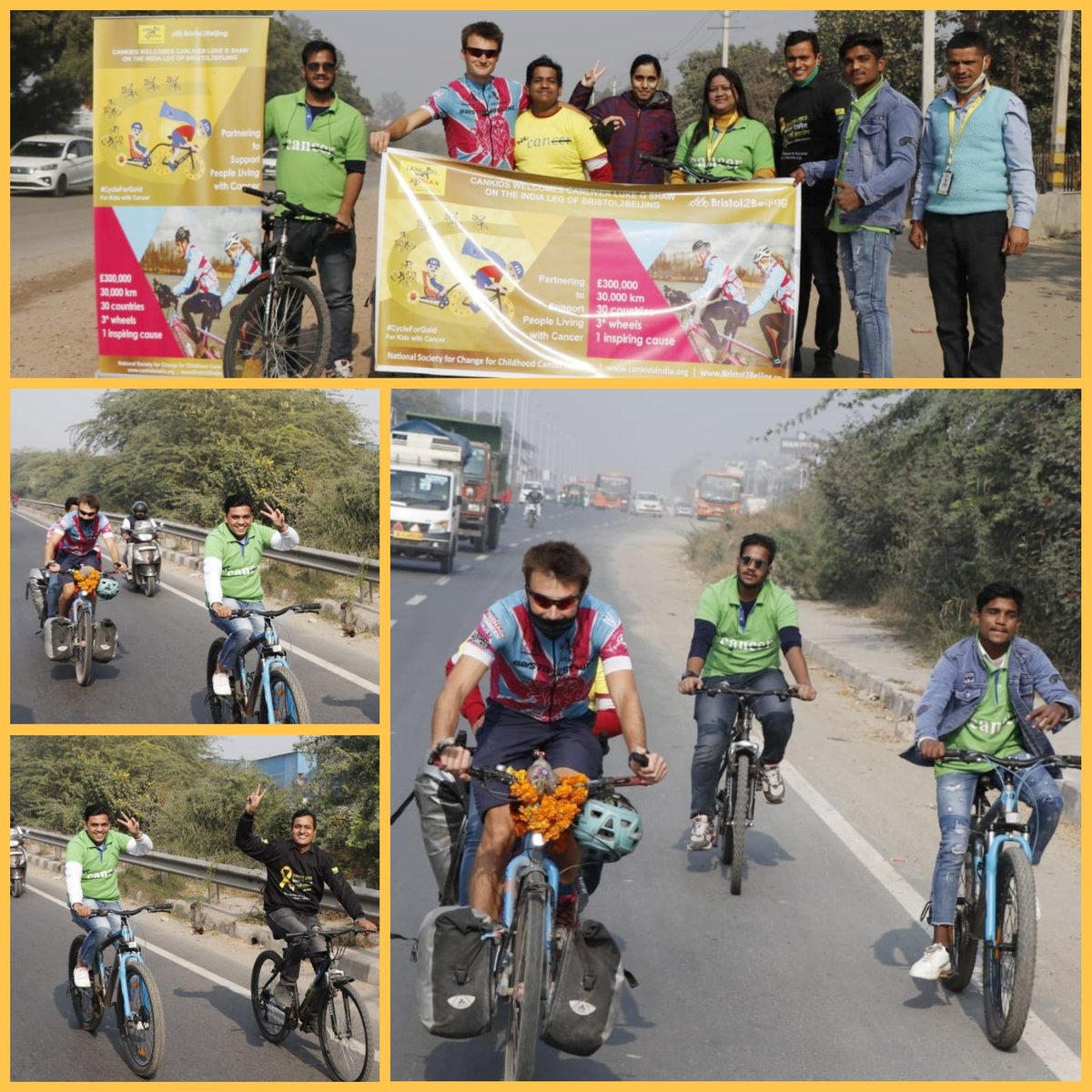 Luke @Bristol2B and Dev Mukherjee riding tandem receive a rousing welcome at the Singhu border of Delhi from members of @cankidz KCK group. #bristoltobeijing #cankids #cycleforgold #cyclothon #delhi #canliver #CancerAwareness #cancerwarrior #Cyclist