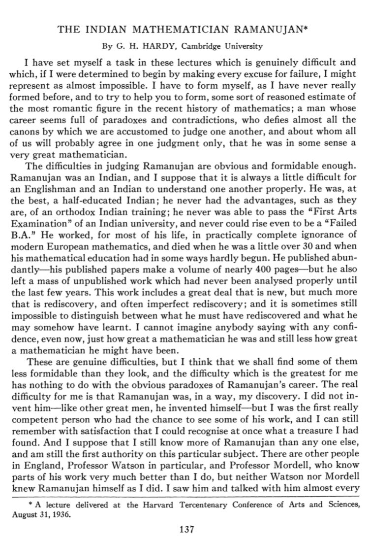 Today is Ramanujan’s birthday. If you have never read this remembrance by his collaborator G.H. Hardy, you must read it now. (After watching THE MAN WHO KNEW INFINITY, I hear Jeremy Irons’s voice in every line.) sites.tufts.edu/histmath/files…
