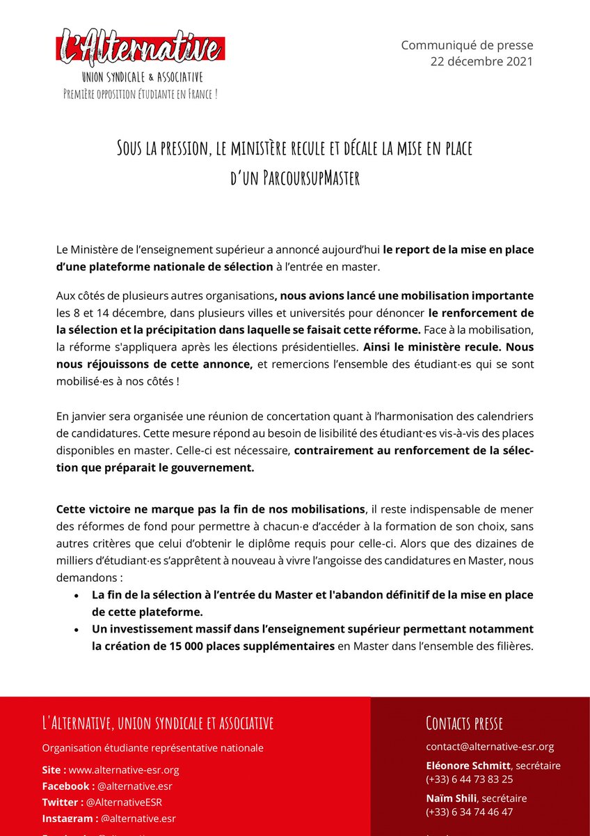 Le ministère recule ! Sous la pression et la mobilisation étudiante, la plateforme #ParcourSupMaster est repoussée 
Une première victoire contre la sélection ! 🎉
⬇️⬇️