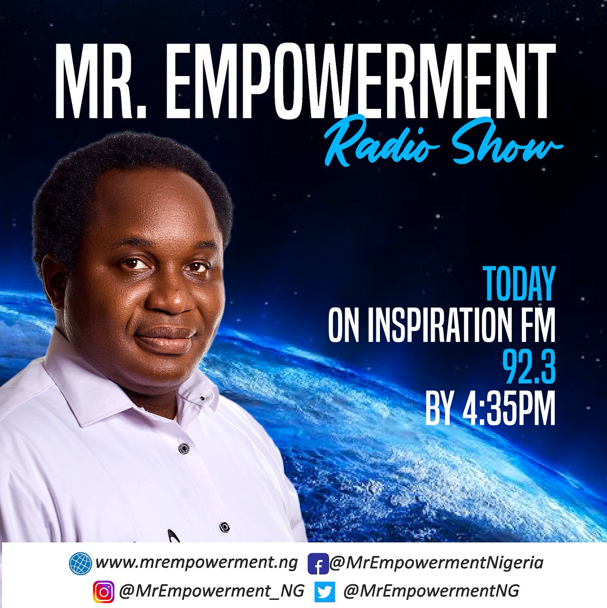 MrEmpowermentNG's tweet photo. By 4:53 pm today, I will be on Inspiration Fm 92.3 for another life-changing discussion

Make it a date.

#MrEmpowermentNG #EmpoweringNations #SuccessCoach #determination💯 #determinedtosucceed #inspiredliving #intentionalliving #positivevibes #RadioShow https://t.co/GInz9ypMzL