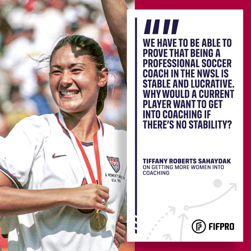 FIFPRO's tweet photo. How do we get more women into coaching, and other roles in the game?

It is a topic that Tiffany Roberts Sahaydak and @rileythree discuss in the latest episode of the #FIFPRO podcast #ChangingTheGame ⤵️