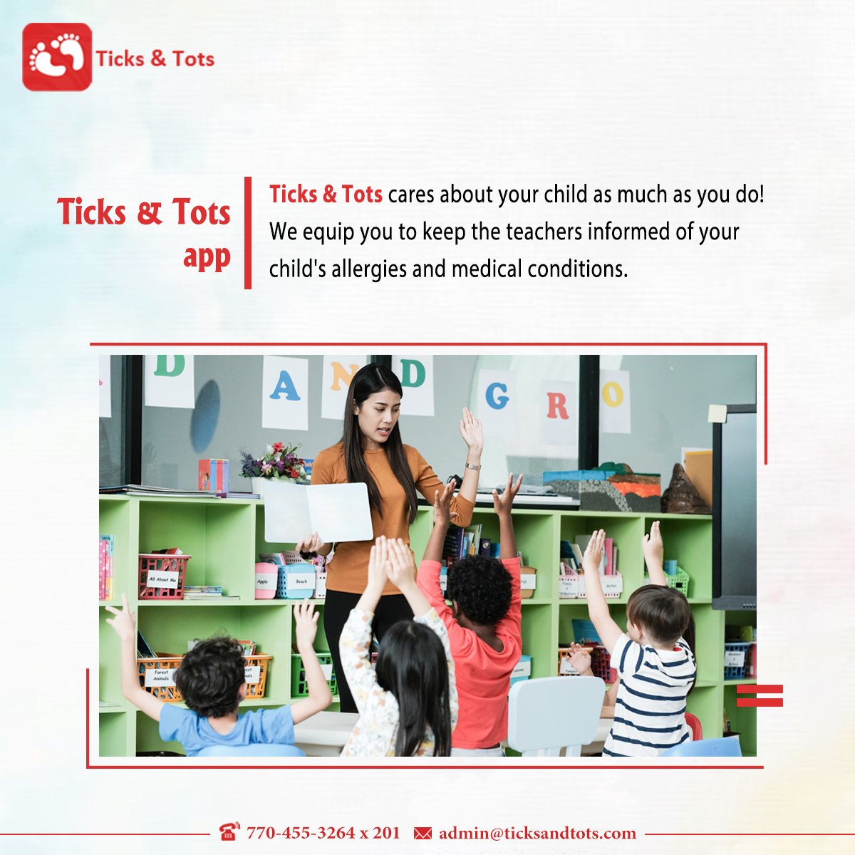 Ticks and Tots always care about well being of the child, Get informed of your child's medical conditions and allergies through us!
Register at:
ticksandtots.com/register/
.
#TicksandTots #Software #ParentTeacherSoftware #App #DayCare #PreSchool #AttendenceManagement #Activities