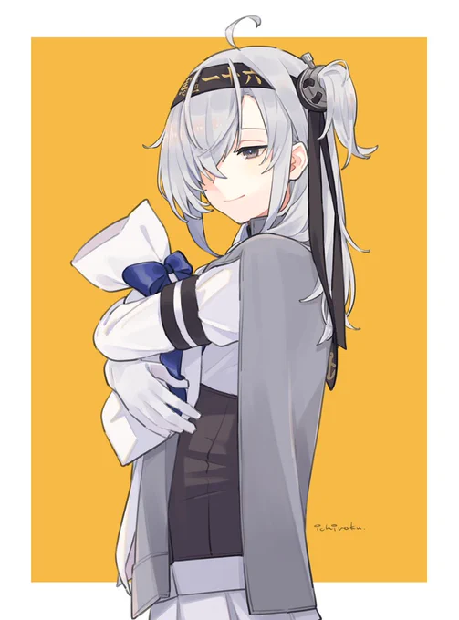 ホワイトデーっぽい涼月ちゃん。skebありがとうございました!ホワイトデー関係ないけど今日は冬至なので背景がかぼちゃ色です。 
