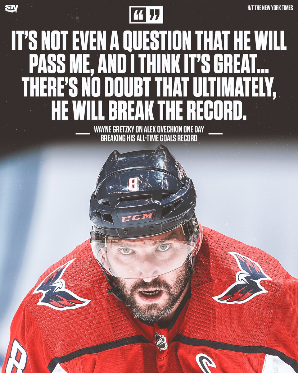 Sportsnet's tweet photo. Will @ovi8 break @WayneGretzky's all-time goals record?

The Great One certainly thinks so. 👀 https://t.co/lNX0p39bMD
