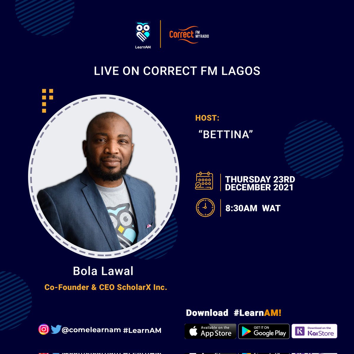 Po.lon.go (@polongoagency) on Twitter photo Co-founder and CEO of <a href="/scholarxEdu/">ScholarX 🎓</a>; <a href="/BWLawal/">Bola Lawal</a> will be live on <a href="/CorrectRadioTV/">Correct Radio | Correct TV</a> Una Gudu Morning Lagos show tomorrow at 8:30am
Listen live at: correct.fm Co-founder and CEO of <a href="/scholarxEdu/">ScholarX 🎓</a>; <a href="/BWLawal/">Bola Lawal</a> will be live on <a href="/CorrectRadioTV/">Correct Radio | Correct TV</a> Una Gudu Morning Lagos show tomorrow at 8:30am
Listen live at: correct.fm