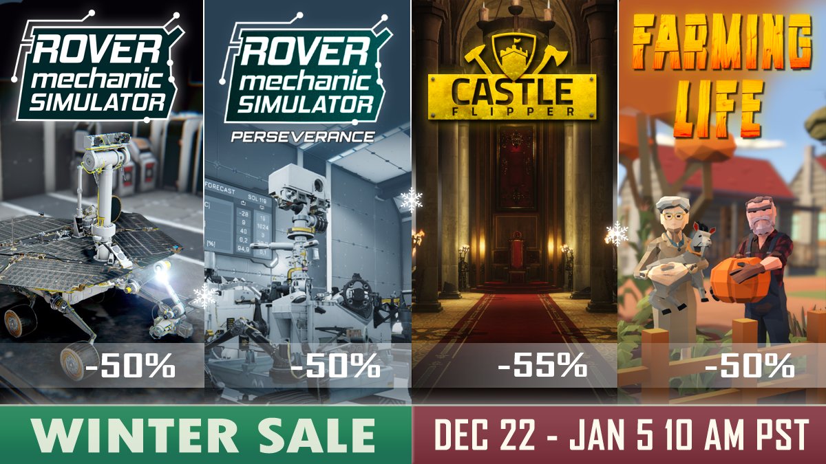 PyramidLab's tweet photo. #SteamWinterSaleโ๏ธ is here! 50% off #RoverMechanicSimulator, #PerseveranceRover DLC and #FarmingLifeGame, 55% off #CastleFlipper!
โก๏ธ RMS๐ง: https://t.co/AeT5GAkPjk
โก๏ธ DLC๐ง: https://t.co/4JOBBI5vYi
โก๏ธ ๐ฐ: https://t.co/uIr6eZ9kFf
โก๏ธ ๐: https://t.co/yB5LNW7Wqa
#indiegame https://t.co/4nLq6VPLl2