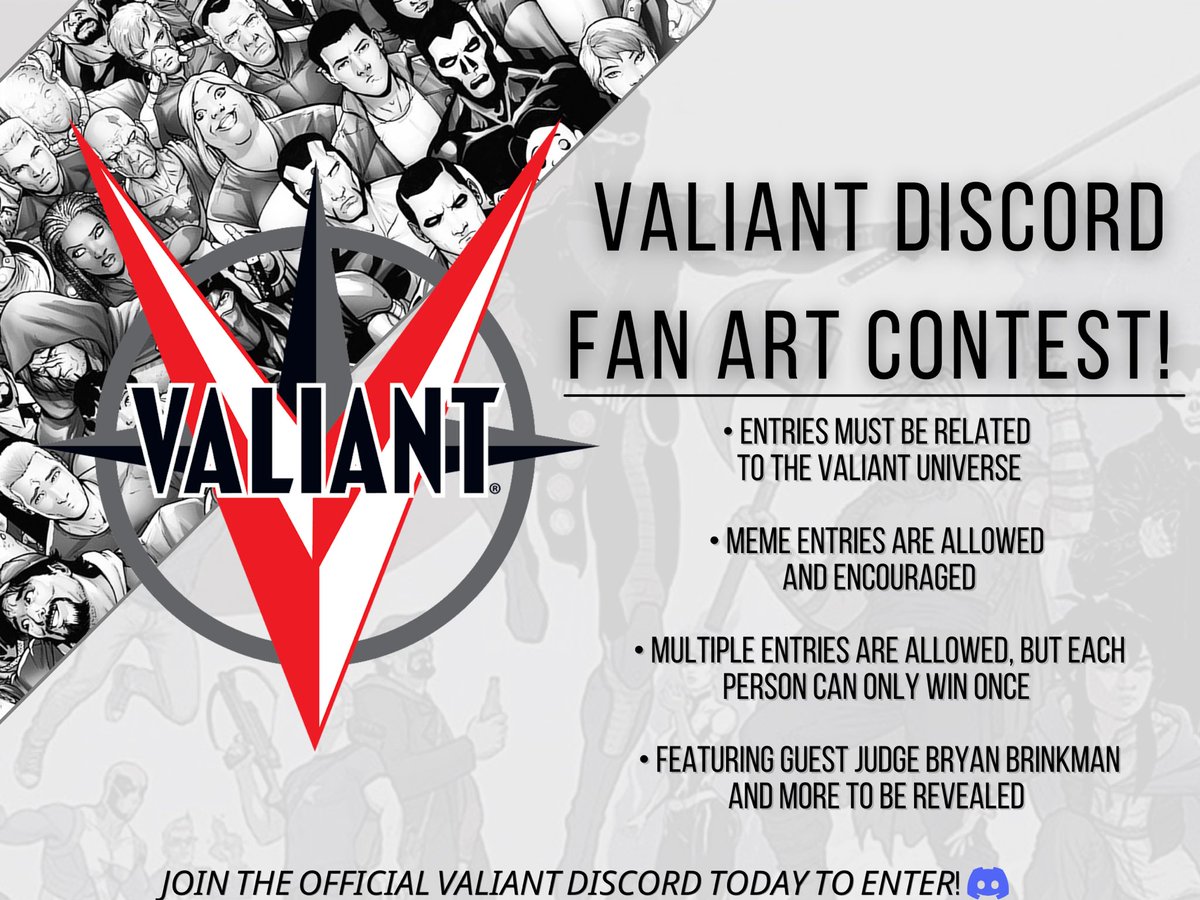 ValiantComics's tweet photo. CONTEST: The first fan art contest on the official Valiant Discord is happening now!
To enter:
🔻Submit your original fan art in the contest-entries channel
🔻Include the hashtag #FAC1 & Ethereum wallet address
See the full details in the Discord now!
https://t.co/kcL05Da7qM https://t.co/tclz05bJxm