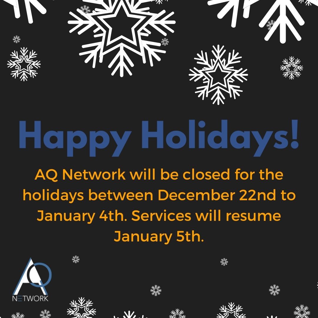 aq_network's tweet photo. Seasons greetings!

AQ Network will be closed for the holidays between December 22nd to January 4th. All services will resume on January 5th.

We wish you and your families a happy and safe holiday season! https://t.co/hSBUVjNKRK