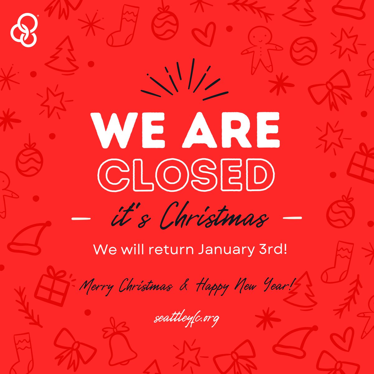 SeattleYFC's tweet photo. Hello, friends! Our team will be taking a break to celebrate Christmas and New Years with their families. Our office will be closed from December 23rd through December 31st. We'll see you in the new year! 😊🎉 https://t.co/Jfjop6cQsJ