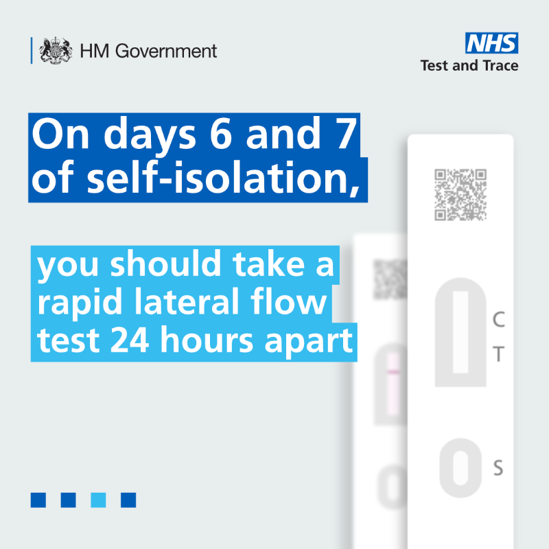 DHSCgovuk's tweet photo. Self-isolation guidance for positive COVID-19 cases has changed.

On days 6 &amp; 7 of self-isolation, you should take a rapid lateral flow test 24 hours apart.

If both tests are negative, you can stop self-isolating.

The first test must be taken no earlier than day 6.

More info👇