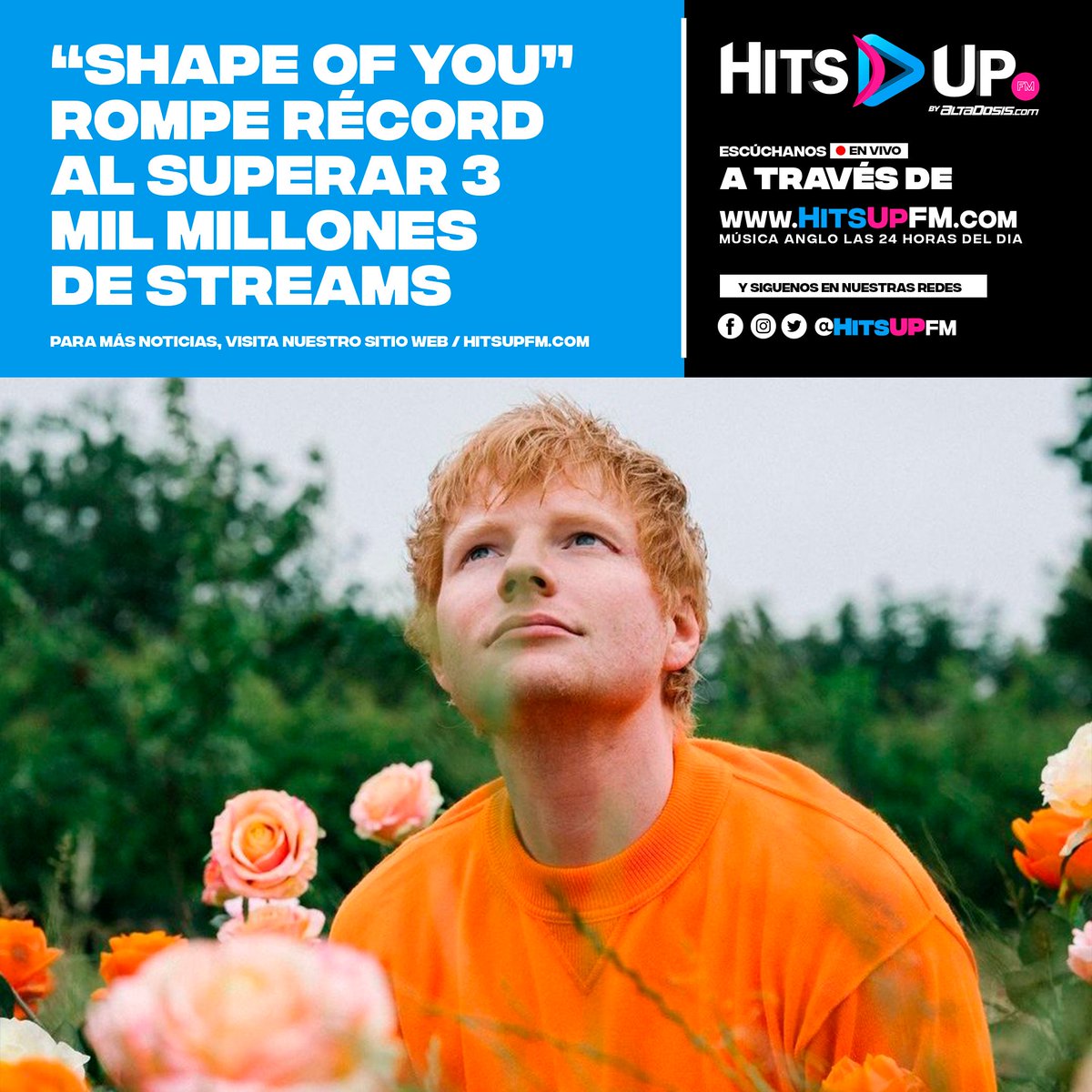 HitsUpFM's tweet photo. El smash-hit #ShapeOfYou por @edsheeran es ahora la primer canción en la HISTORIA en lograr superar los 3 MIL MILLONES de streams en Spotify ¿Te gusta el single? | Más noticias por https://t.co/tDCcvZitGm https://t.co/xslDsG64Ef