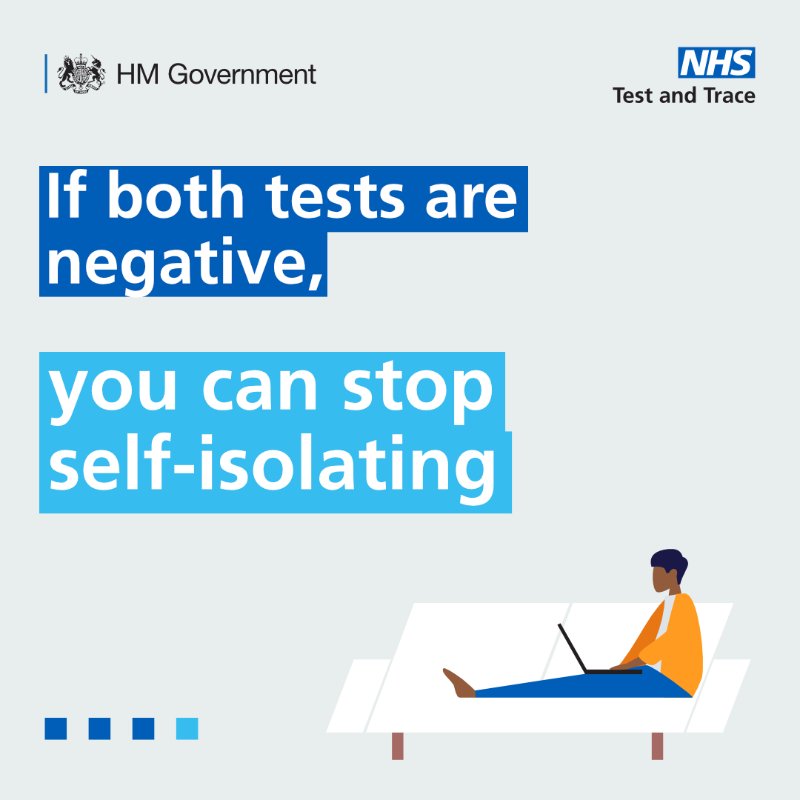 DHSCgovuk's tweet photo. Self-isolation guidance for positive COVID-19 cases has changed.

On days 6 &amp; 7 of self-isolation, you should take a rapid lateral flow test 24 hours apart.

If both tests are negative, you can stop self-isolating.

The first test must be taken no earlier than day 6.

More info👇