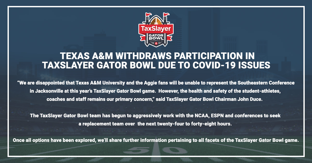 taxslayerbowl's tweet image. TEXAS A&amp;amp;M WITHDRAWS PARTICIPATION IN TAXSLAYER GATOR BOWL DUE TO COVID-19 ISSUES

Full Press Release ⤵️ taxslayergatorbowl.com/news/12-22-21/