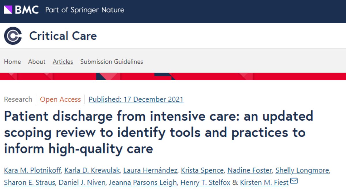 #FeaturedResearch -🚨Hot off the press! This <a href="/Crit_Care/">Critical Care</a> scoping review identified education, patient &amp; family engagement, and communication with healthcare professionals are facilitators to a successful discharge from the #ICU, #PICU, and #NICU.🏥🔗ow.ly/EcIX50HfHVS