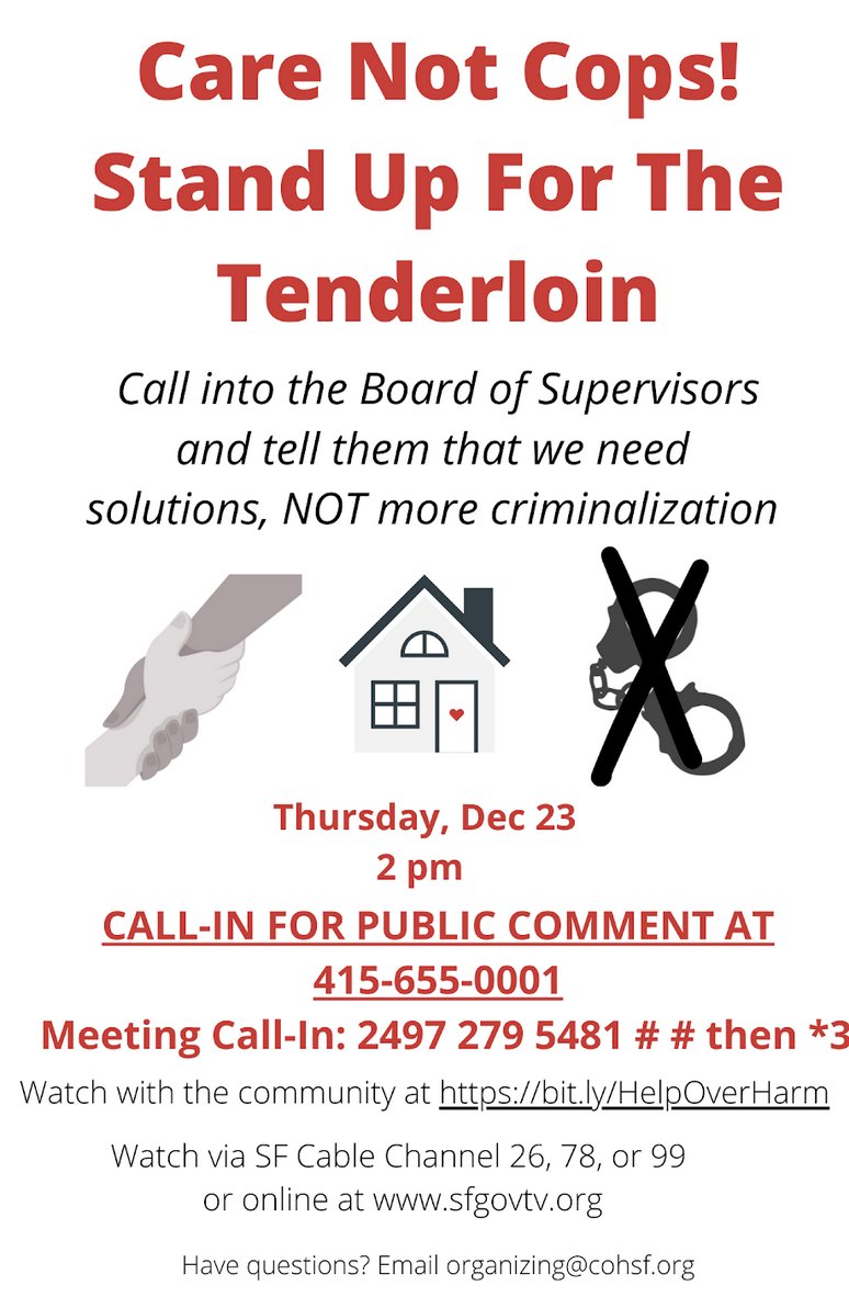 housingrightsSF's tweet photo. Call in THIS THURS. 2pm to tell @sfbos to support real solutions in the Tenderloin, NOT criminalization! #TLneedsCARE #KeepSIPsOpen #IMPLEMENTCARTNOW

Breed’s proclamations vilify &amp; degrade people living in poverty, stigmatizing them as “criminals.” The TL needs CARE not COPS. https://t.co/57ttQifQdZ
