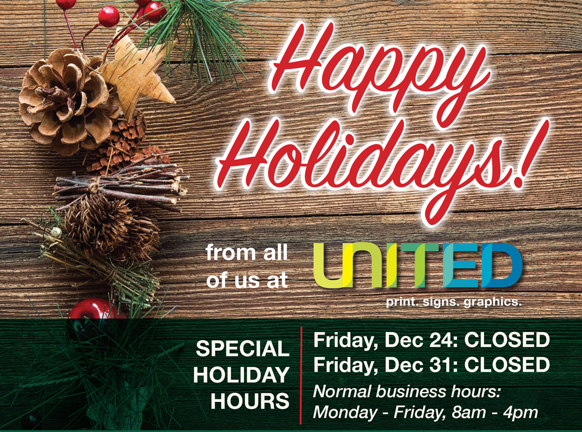 UnitedRepro's tweet photo. Happy Holidays! United will be CLOSED on Friday, 12/24 and Friday, 12/31 in observance of the holidays. Orders received after 4pm on Thursday may not be processed until Monday when we return to normal business hours. Thank you for supporting local businesses and happy holidays! https://t.co/Nwj7kwKiA7
