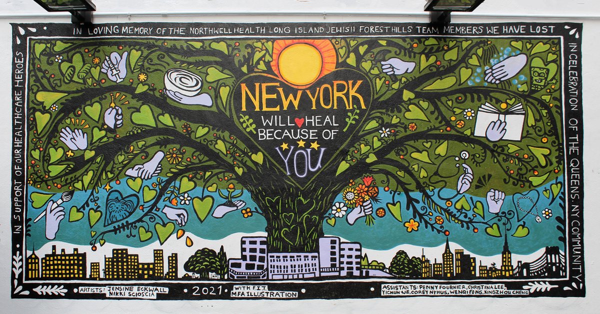 WhoIsJensine's tweet photo. (1/3) Designed and painted two murals with co-artist Nikki Scioscia, in collaboration with @FIT_artdesign and Northwell Health Long Island Jewish Medical Center, the epicenter of the first COVID wave in NYC and the hospital where the first US vaccine was given. https://t.co/4s97wRi10b