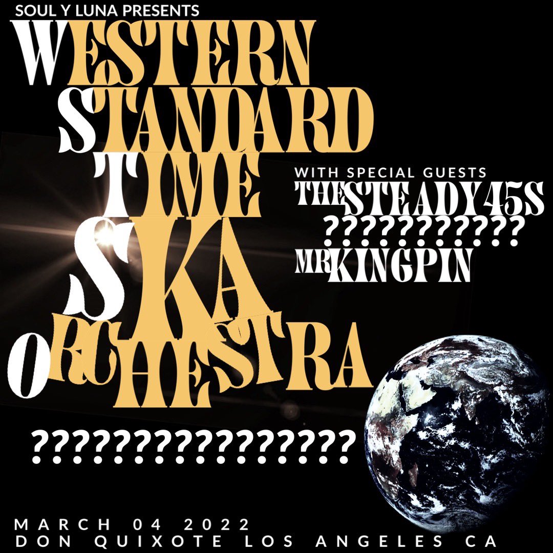 #skatwitter I’d like to meet as many west coast friends as possible in March. I’ll be doing a weekender March 4-6. Here is the first show announcement. March 4 at Don Quixote in LA w/ <a href="/WSTSKA/">WesternStandardTime</a> <a href="/TheSteady45s/">The Steady 45s</a> and more from <a href="/SoulYLunaprod/">Soul Y Luna</a>