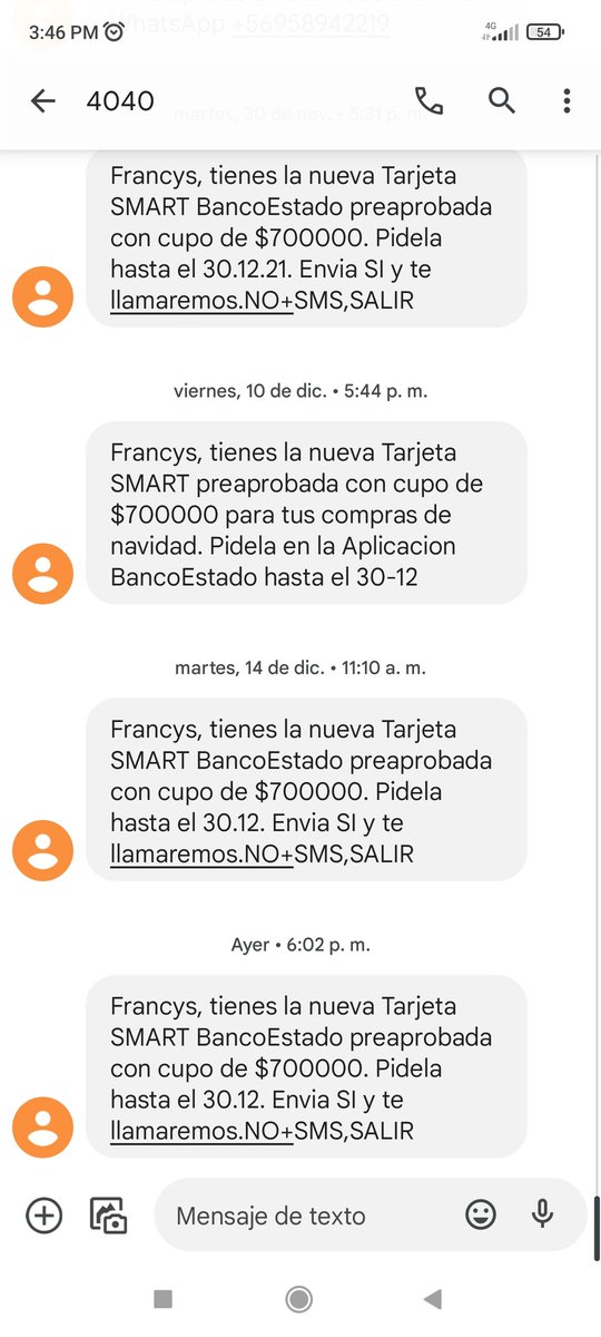 fran_valentine's tweet photo. @BancoEstado Me llaman y envian sms a cada rato para la tarjeta smart y no me interesa. Son muy invasivos y ya he dicho que no me vuelvan a llamar. Todos los días es lo mismo https://t.co/vmPgSMlDuv
