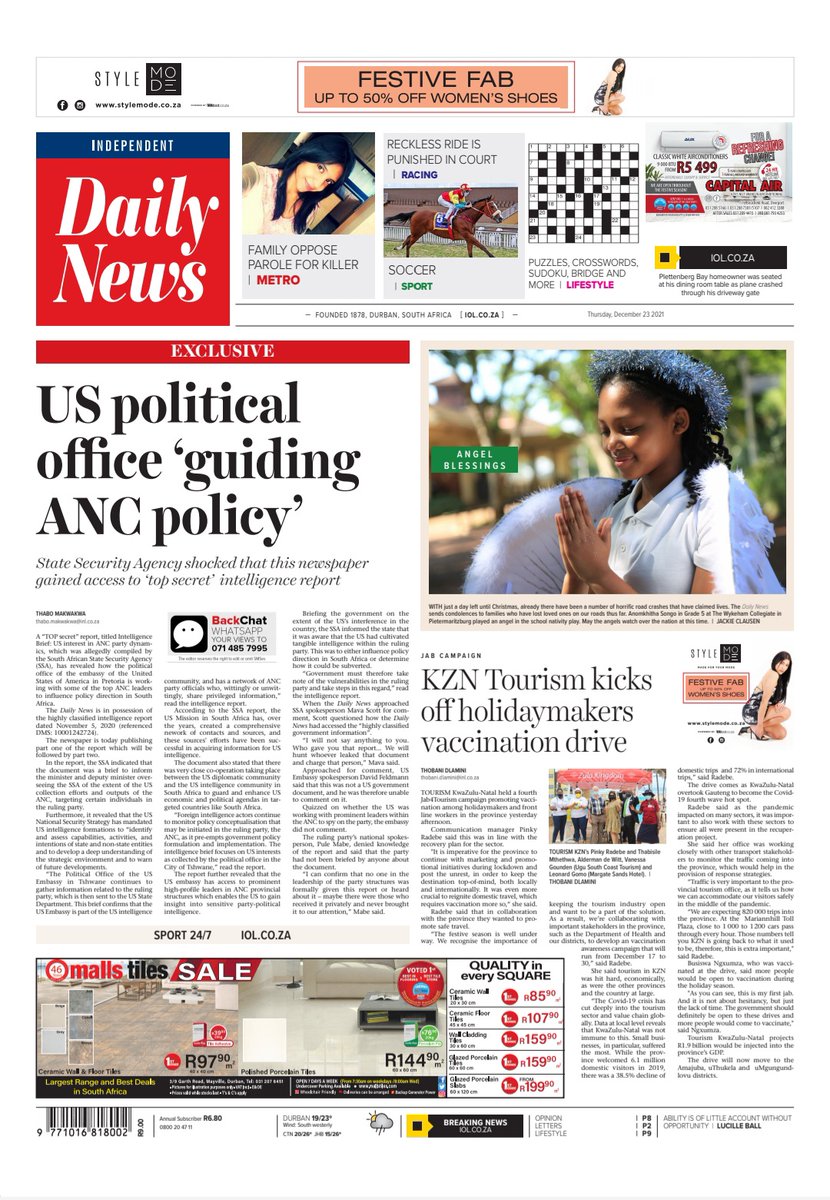 DailyNewsSA's tweet photo. Our front page on December 23, 2021 #StateSecurityAgency #SSA #CovidVaccine #SIU #DCS https://t.co/SlGhgXDevm