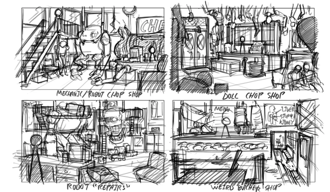 Thumbnails I did for layout class. I liked most of the ideas, might make the ones that didn't make it into full BGs some other day. 