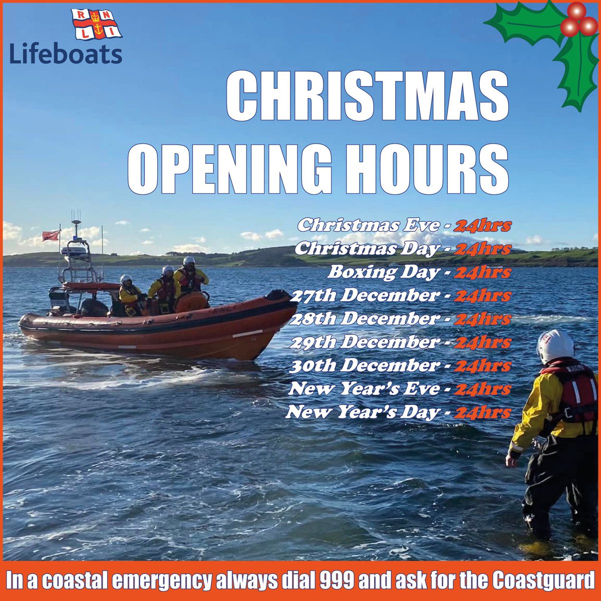 LargsRNLI's tweet photo. Our festive opening hours.
@RNLI volunteers are on call 24/7 and that doesn't change over Christmas and New Year.
Stay safe everyone.
#RNLI #Largs #LargsRNLI #FestiveOpeningHours #Christmas #RNLIChristmas #AlwaysOnCall https://t.co/wPrfpXjRUK
