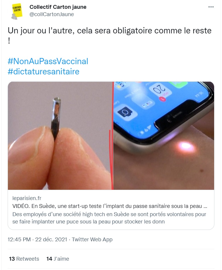 conspiration's tweet photo. [#Thread] Depuis l’annonce hier qu’en #Suède, une start-up teste l'implant du #PasseSanitaire sous la peau via une #micropuce, on ne compte plus les commentaires triomphalistes du type : "les complotistes avaient raison depuis le début !".
❌ Non ! ⤵️ https://t.co/u2RyI5Ewz2