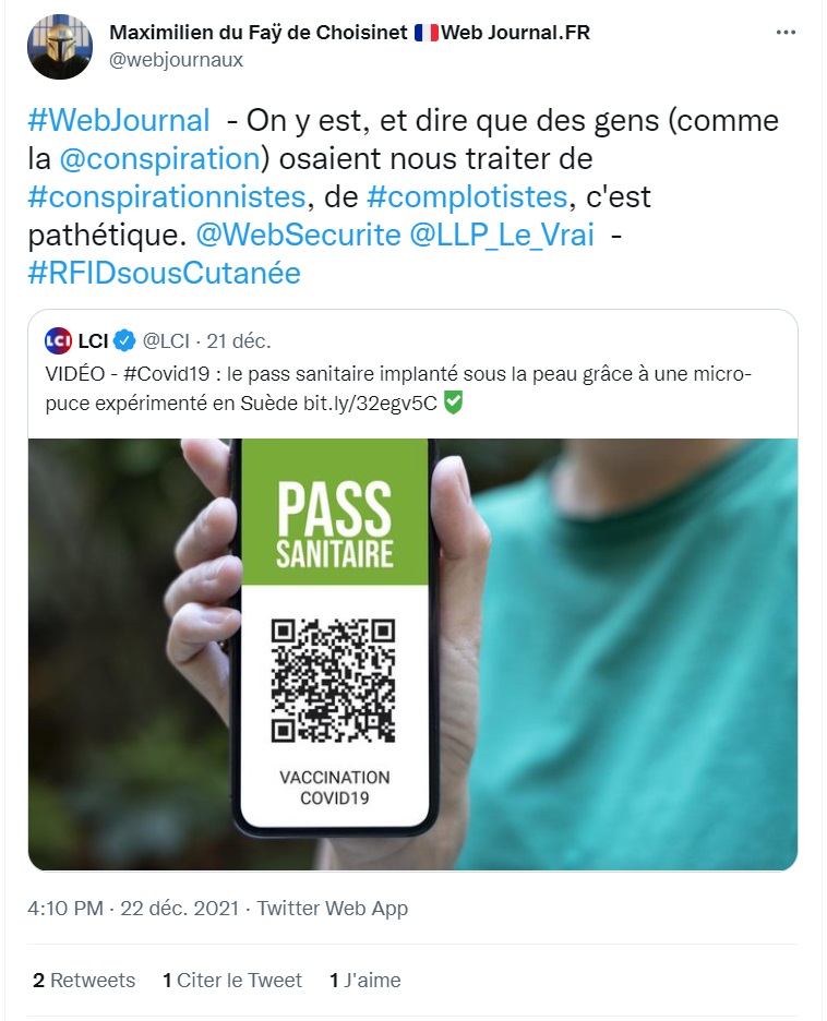 conspiration's tweet photo. [#Thread] Depuis l’annonce hier qu’en #Suède, une start-up teste l'implant du #PasseSanitaire sous la peau via une #micropuce, on ne compte plus les commentaires triomphalistes du type : "les complotistes avaient raison depuis le début !".
❌ Non ! ⤵️ https://t.co/u2RyI5Ewz2
