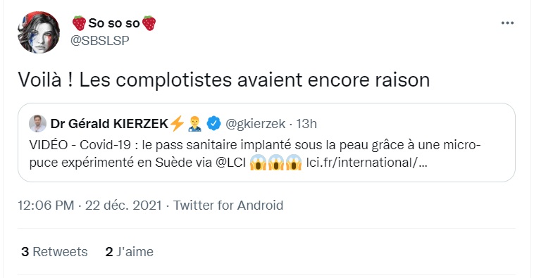 conspiration's tweet photo. [#Thread] Depuis l’annonce hier qu’en #Suède, une start-up teste l'implant du #PasseSanitaire sous la peau via une #micropuce, on ne compte plus les commentaires triomphalistes du type : "les complotistes avaient raison depuis le début !".
❌ Non ! ⤵️ https://t.co/u2RyI5Ewz2