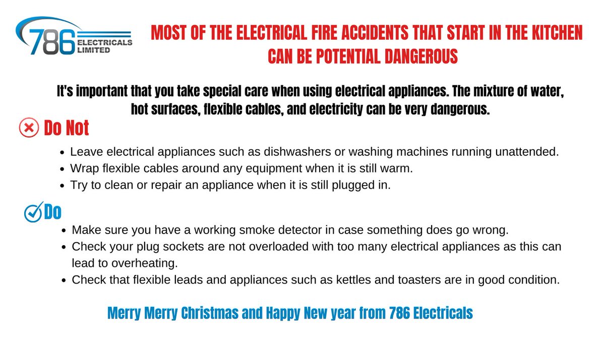 MOST OF THE ELECTRICAL FIRE ACCIDENTS THAT START IN THE KITCHEN CAN BE POTENTIAL DANGEROUS

#Kitchen safety #Electricals #Electricians #Leicester #Leicestershire