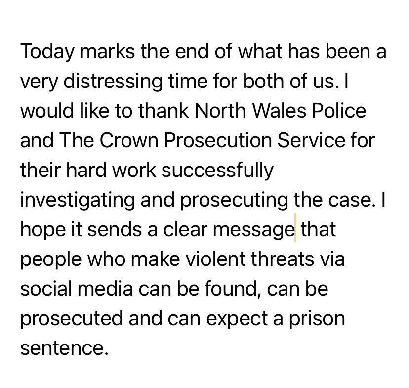 Here is a a message about the sentencing of a man who made horrific threats online against my daughter and I.
